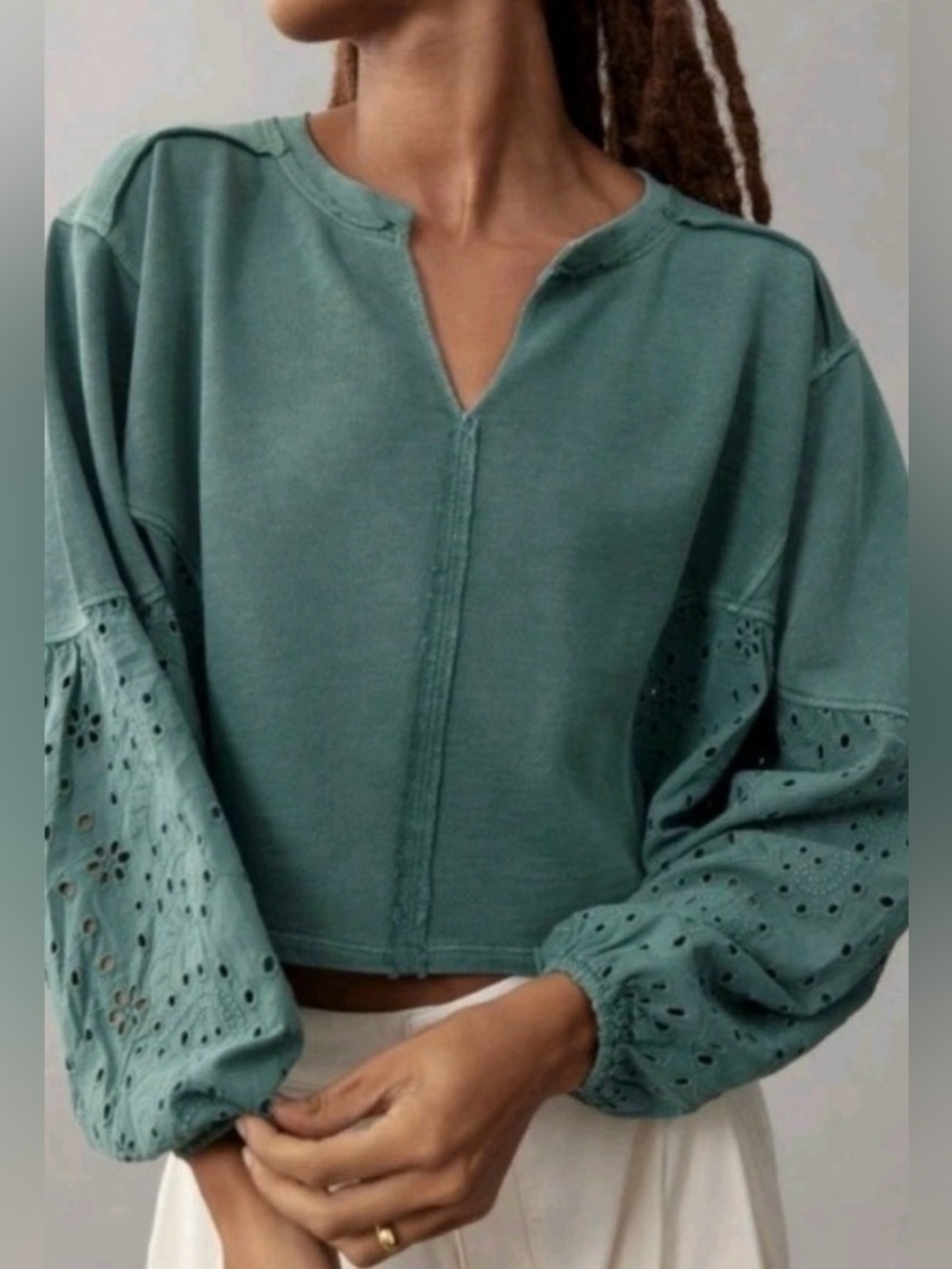 Anthropologie Pilcro batwing eyelet sweatshirt | color: green | size: small